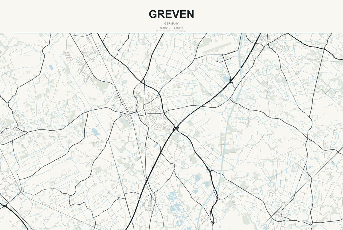 Greven, Germany City Map Aluminum Sign in Headline Atlas style