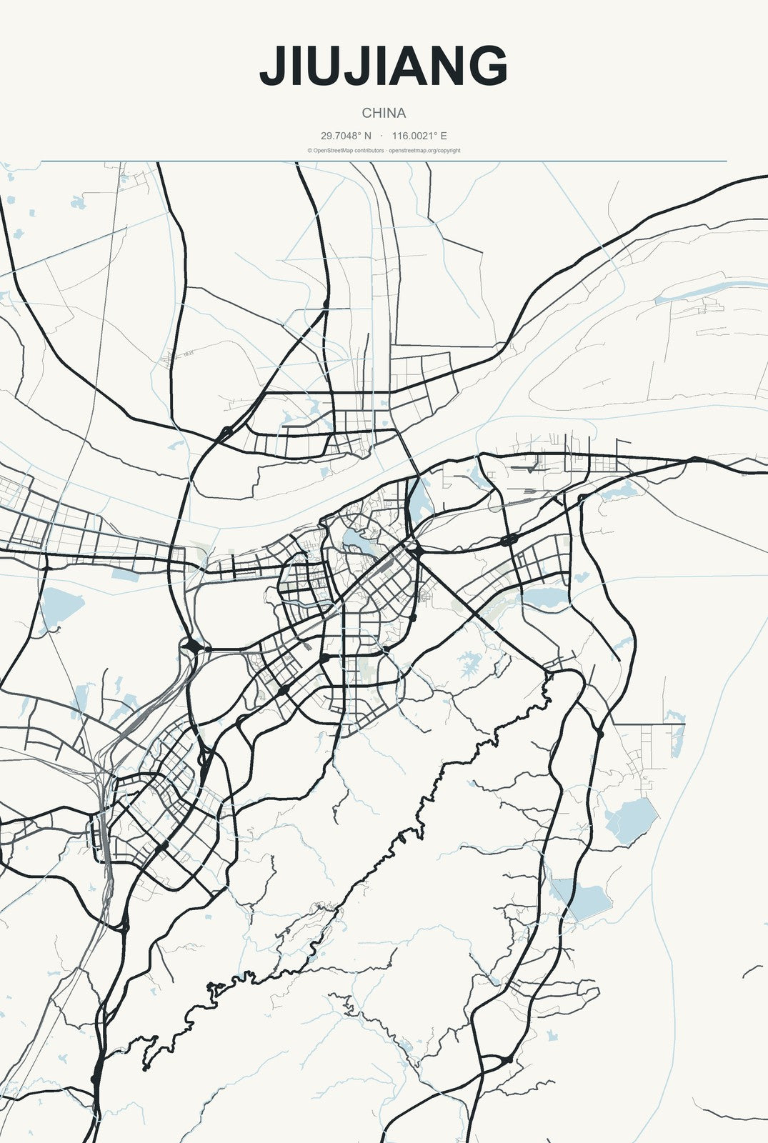 Jiujiang, China City Map Aluminum Sign in Headline Atlas style