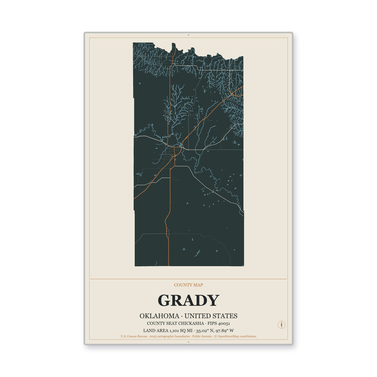 Grady County, Oklahoma Map Aluminum Sign in Headline Atlas style