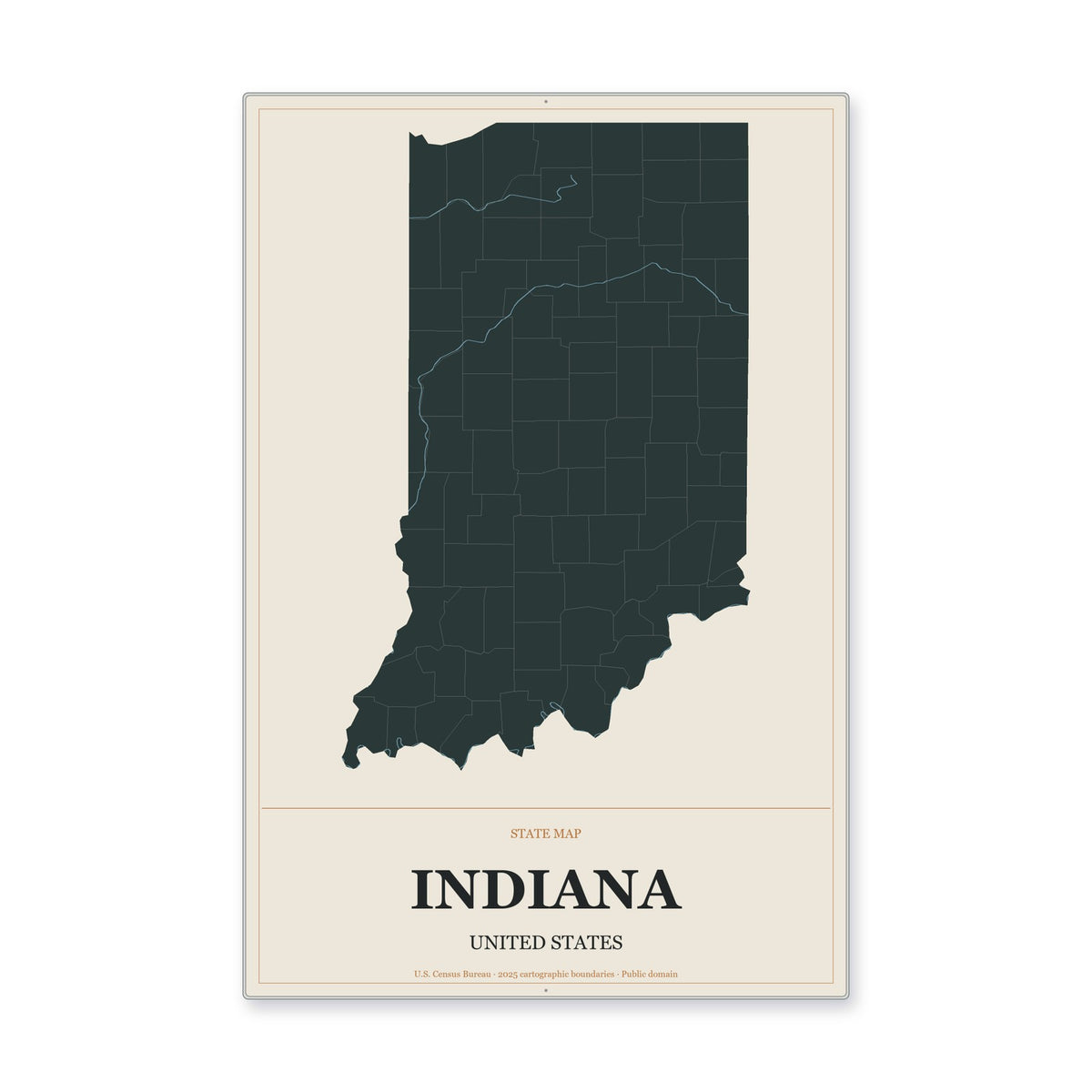 Indiana state map aluminum sign in Headline Atlas style
