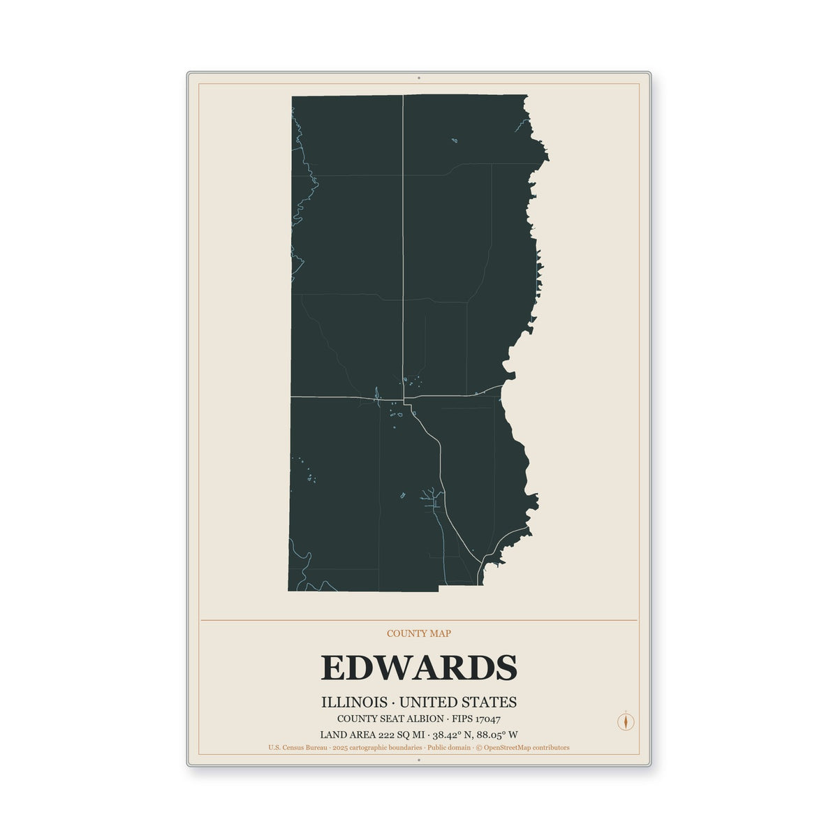 Edwards County, Illinois Map Aluminum Sign in Headline Atlas style