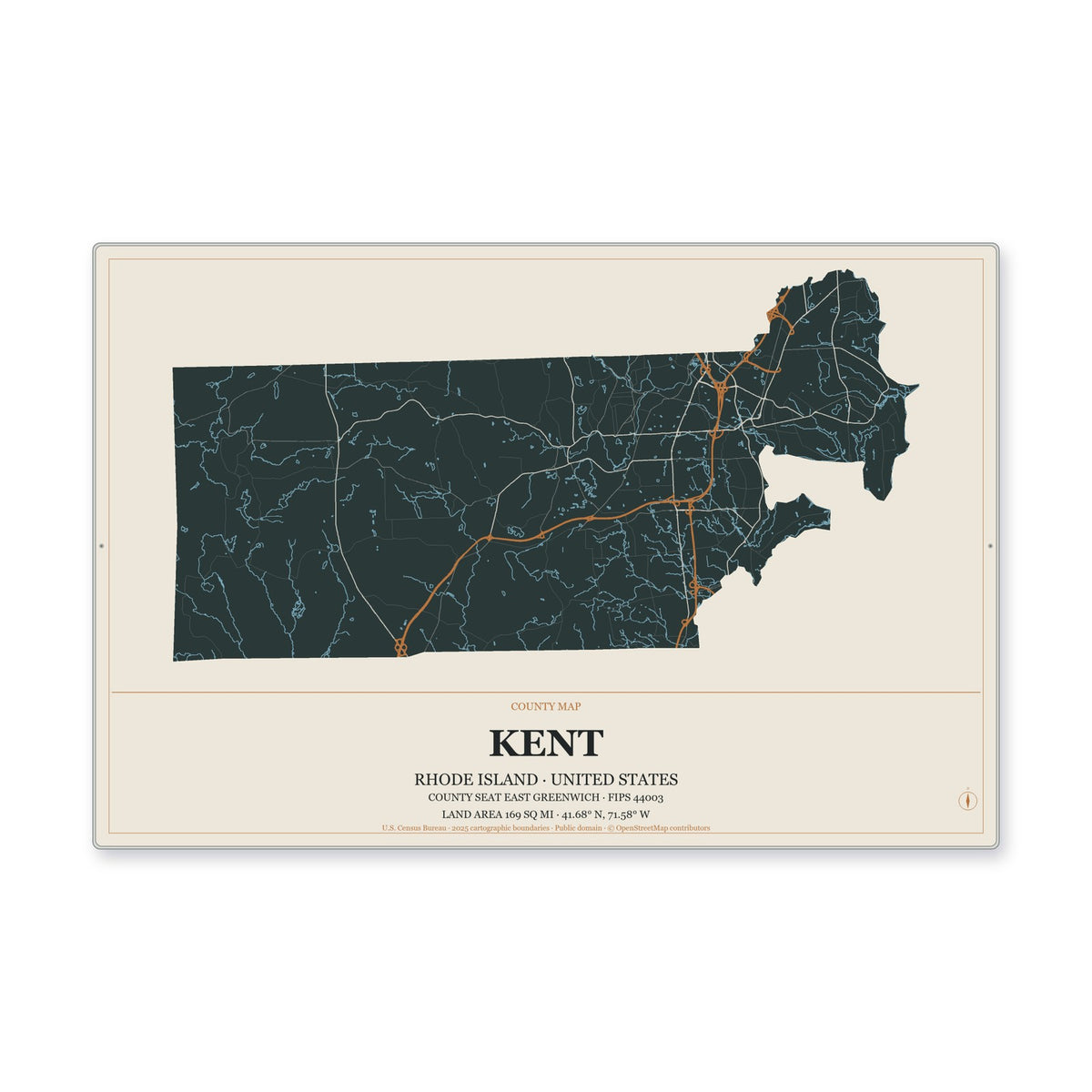 Kent County, Rhode Island Map Aluminum Sign in Headline Atlas style