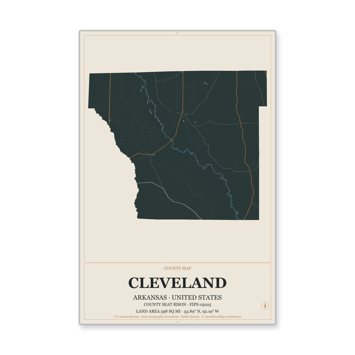 Cleveland County, Arkansas Map Aluminum Sign in Headline Atlas style