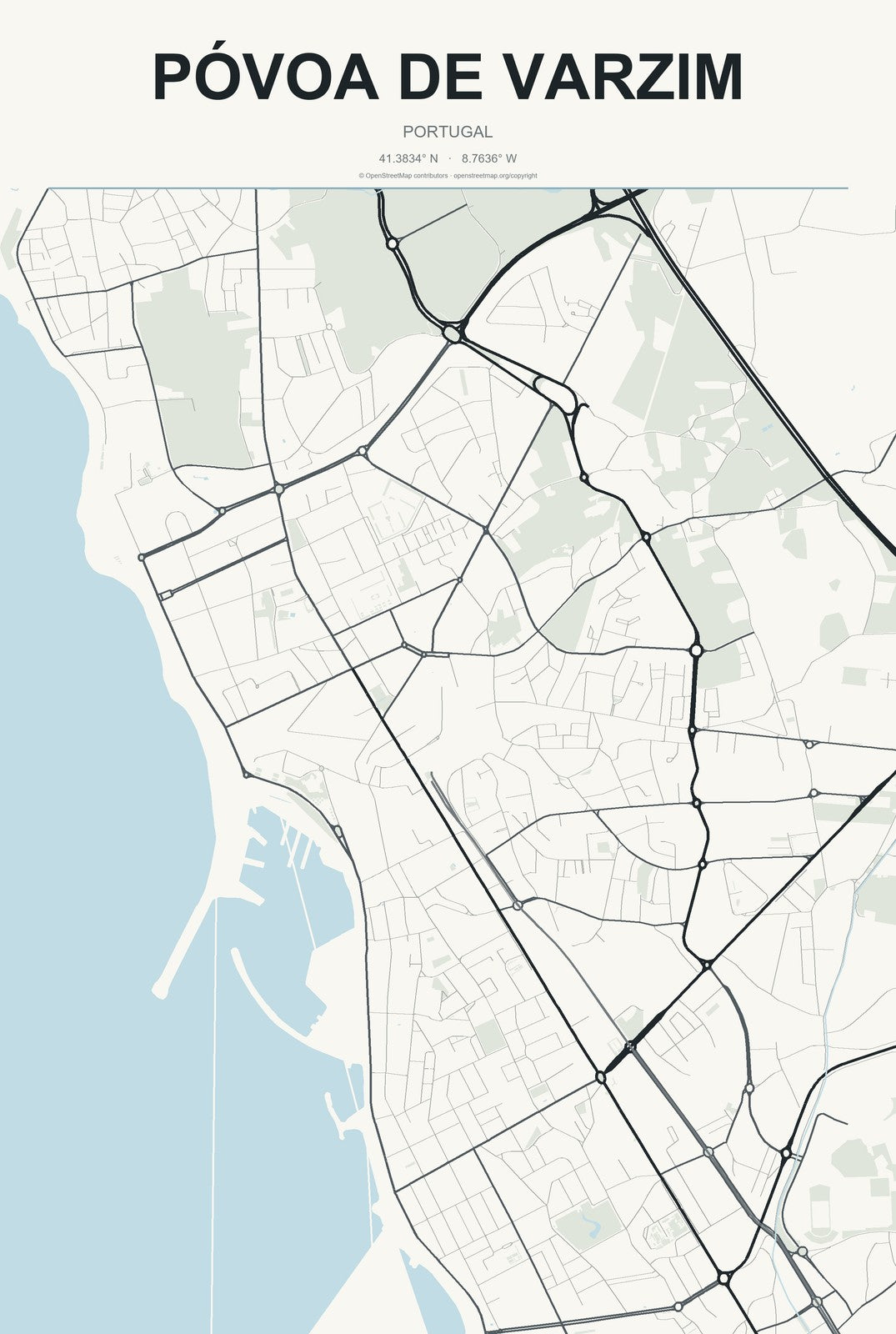 Póvoa de Varzim, Portugal City Map Aluminum Sign in Headline Atlas style