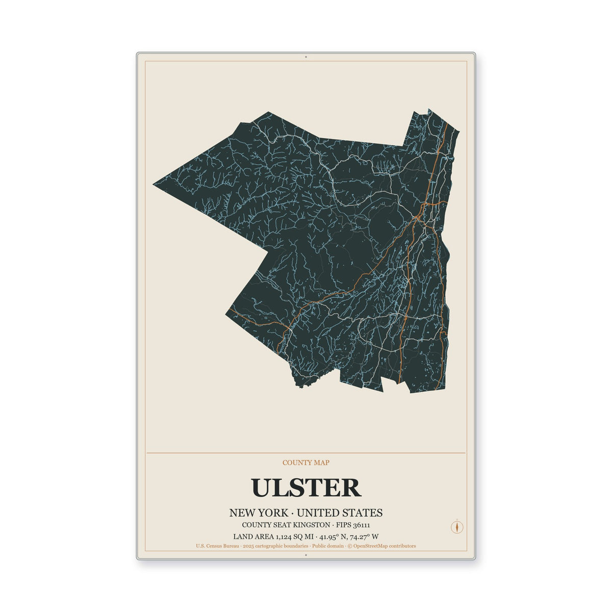 Ulster County, New York Map Aluminum Sign in Headline Atlas style