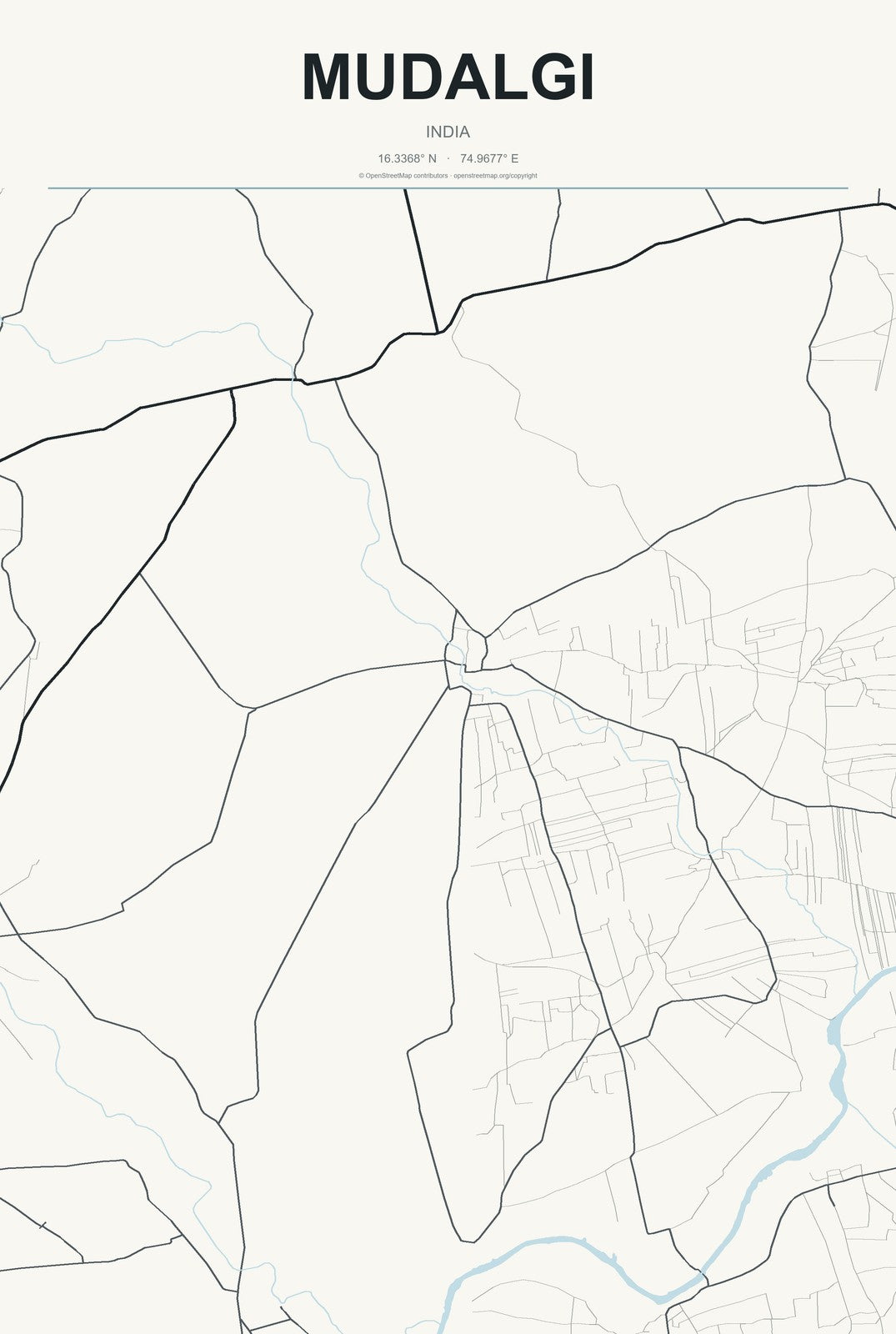 Mudalgi, India City Map Aluminum Sign in Headline Atlas style