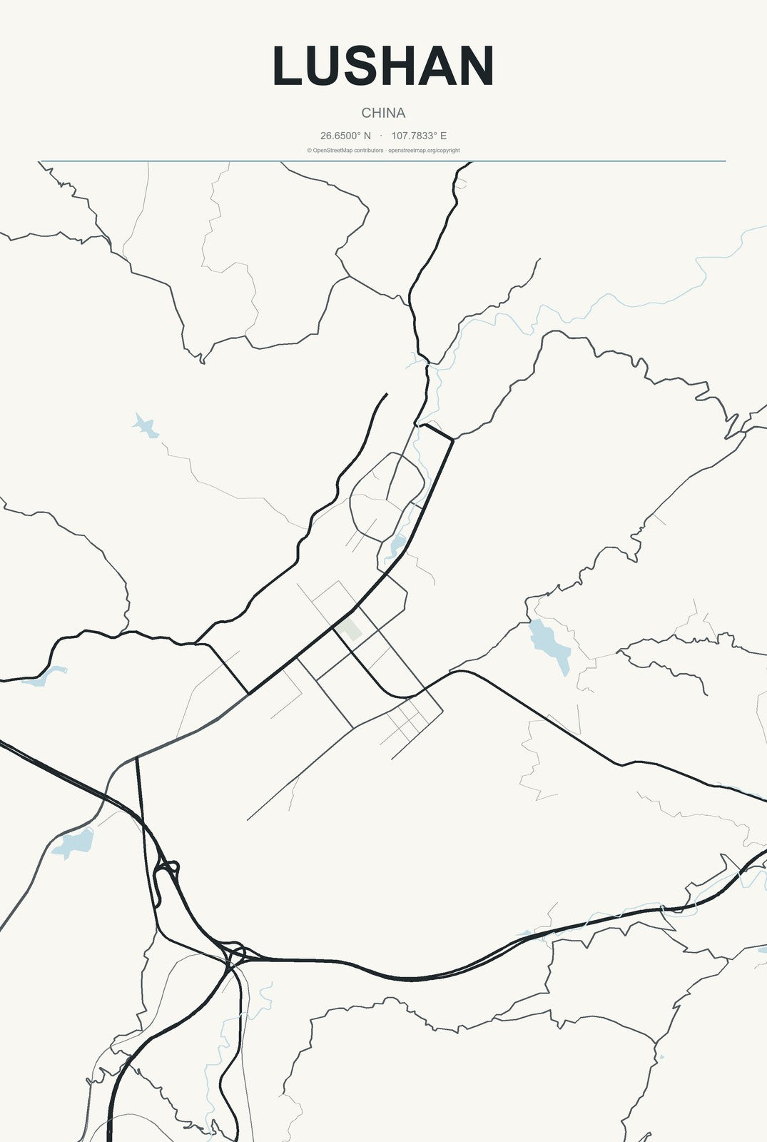 Lushan, China City Map Aluminum Sign in Headline Atlas style
