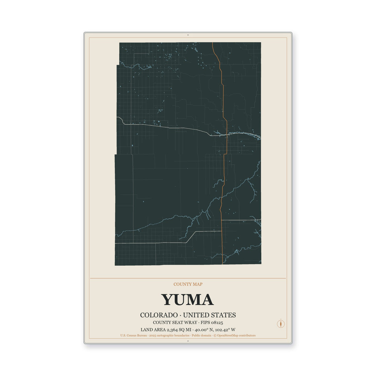 Yuma County, Colorado Map Aluminum Sign in Headline Atlas style