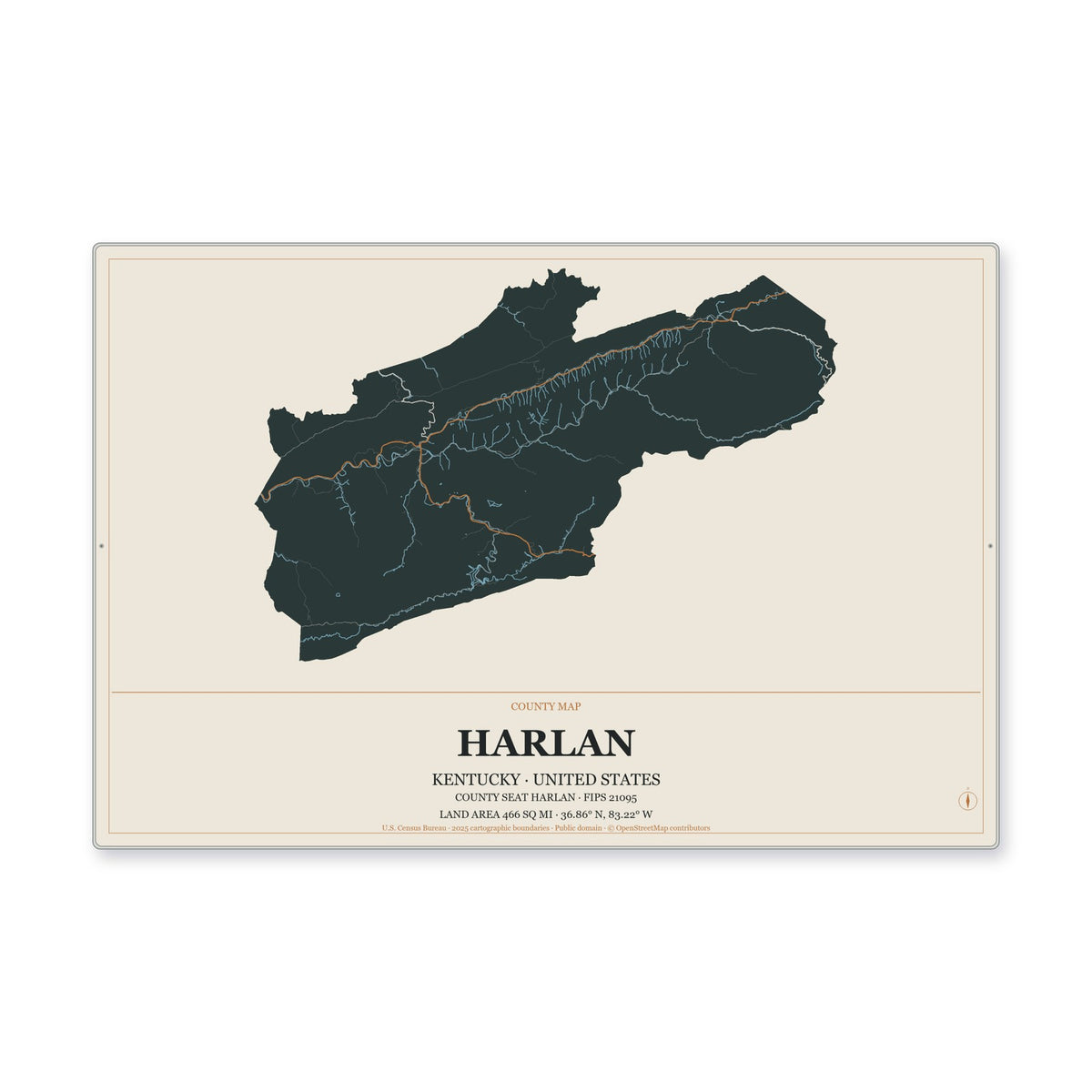 Harlan County, Kentucky Map Aluminum Sign in Headline Atlas style