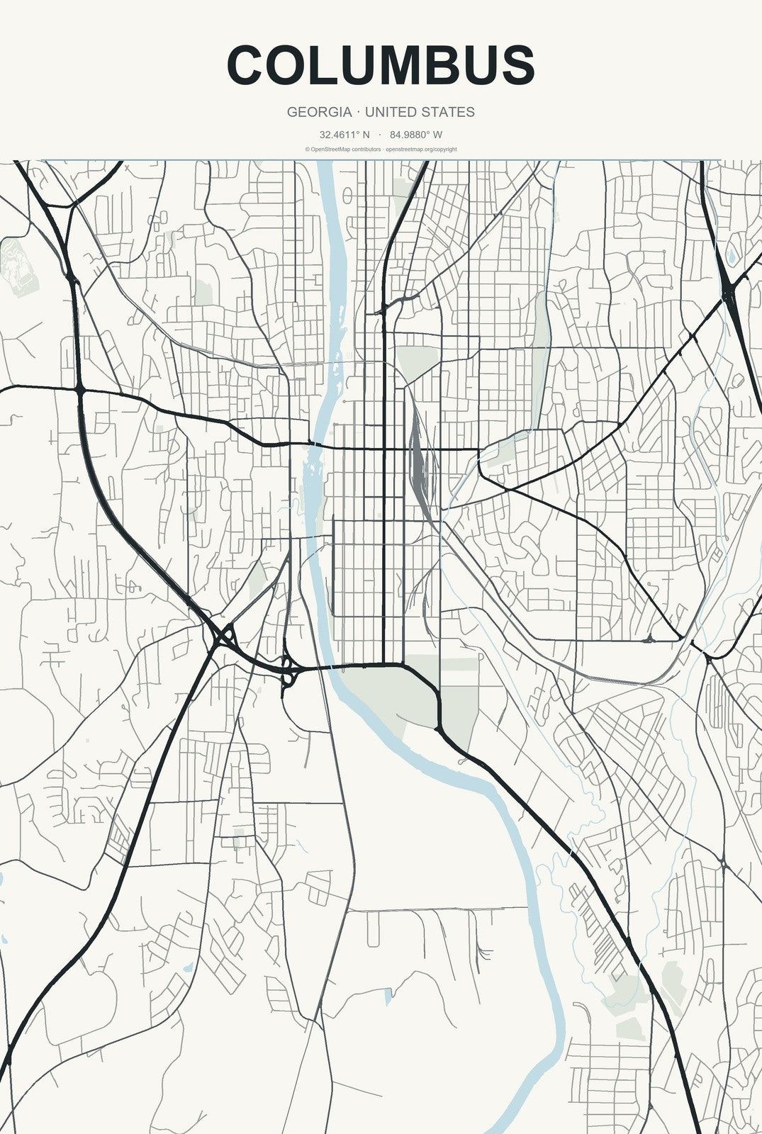 Columbus, Georgia City Map Aluminum Sign in Headline Atlas style