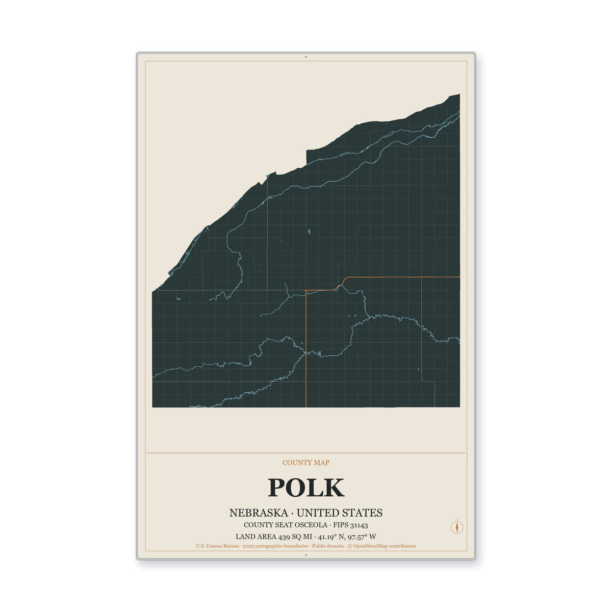 Polk County, Nebraska Map Aluminum Sign in Headline Atlas style