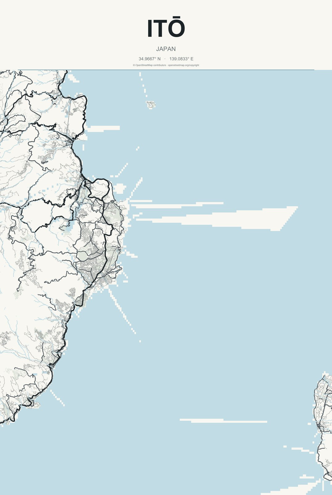 Itō, Japan City Map Aluminum Sign in Headline Atlas style