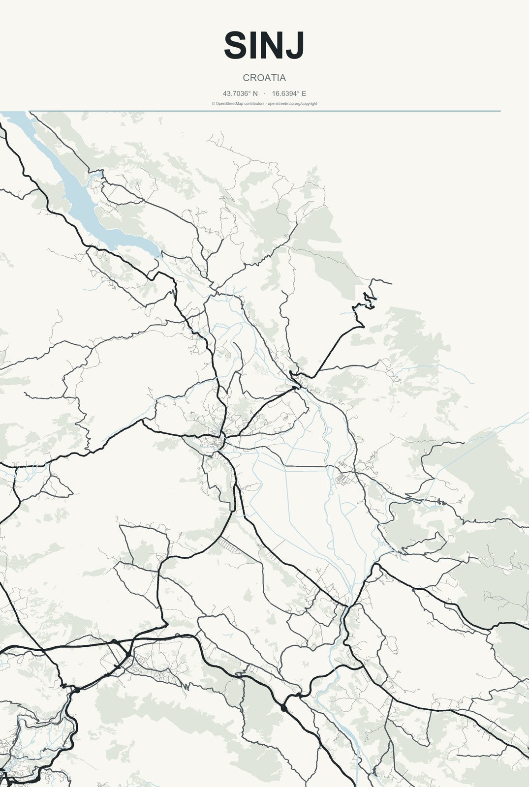 Sinj, Croatia City Map Aluminum Sign in Headline Atlas style