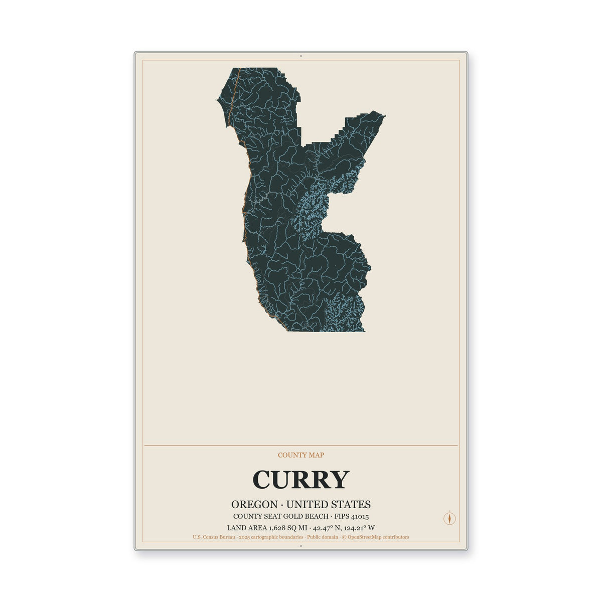 Curry County, Oregon Map Aluminum Sign in Headline Atlas style