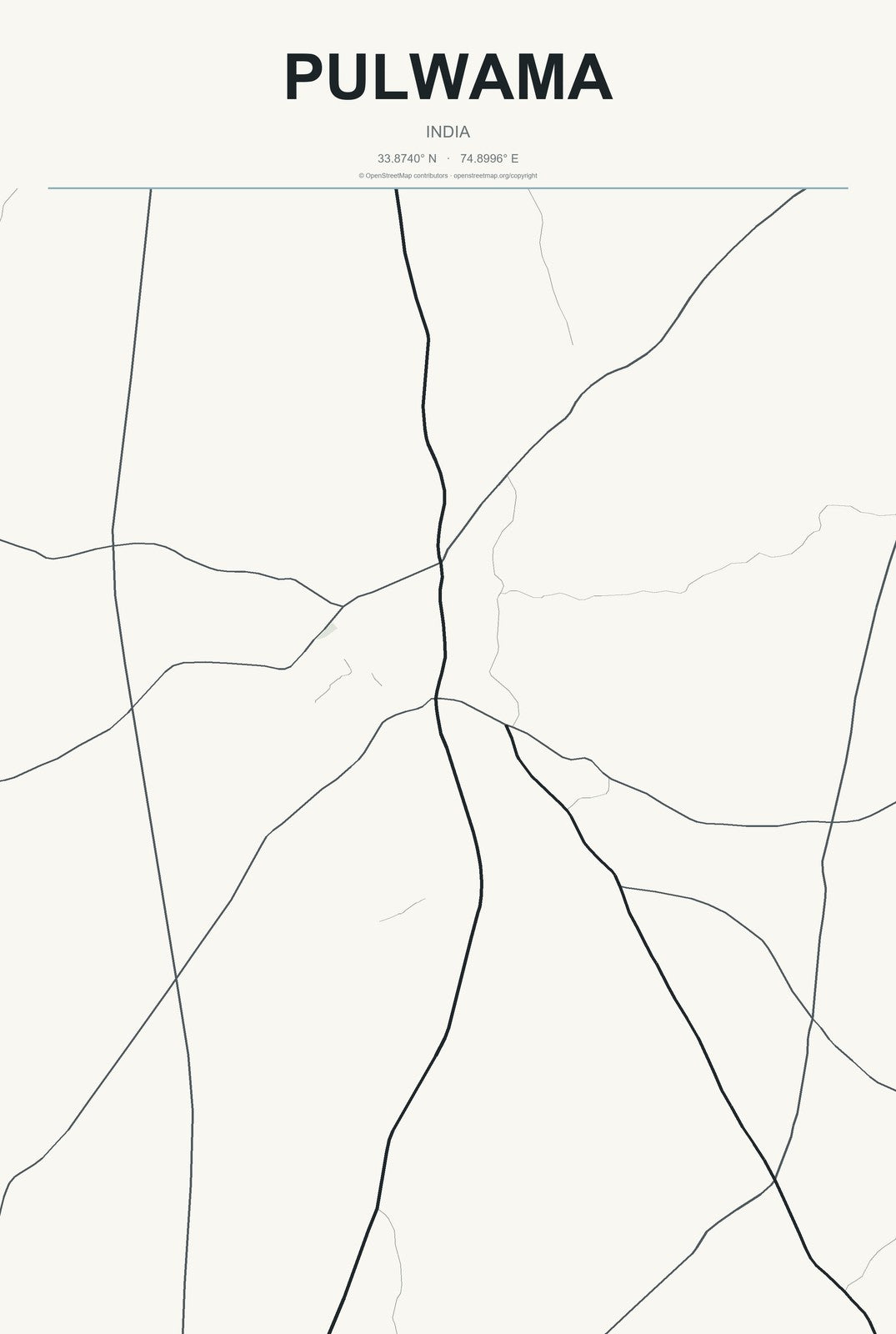 Pulwama, India City Map Aluminum Sign in Headline Atlas style