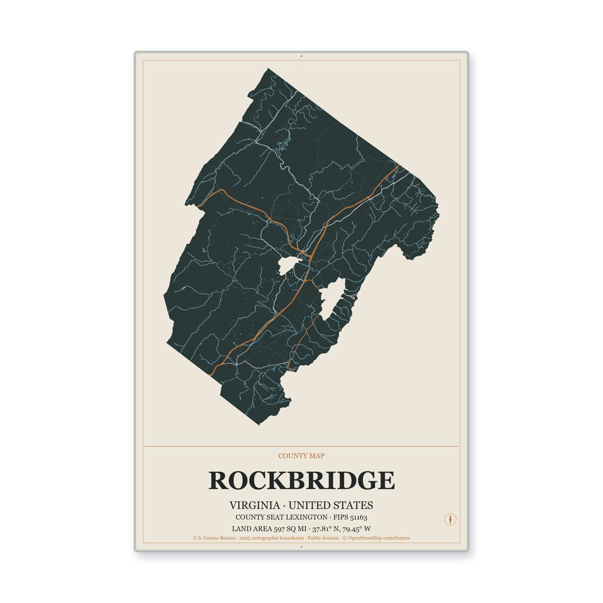 Rockbridge County, Virginia Map Aluminum Sign in Headline Atlas style