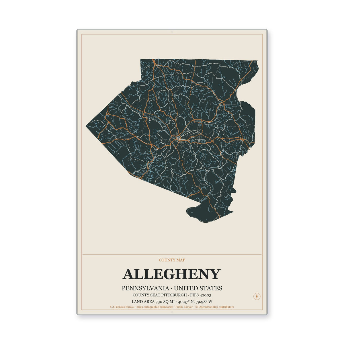 Allegheny County, Pennsylvania Map Aluminum Sign in Headline Atlas style