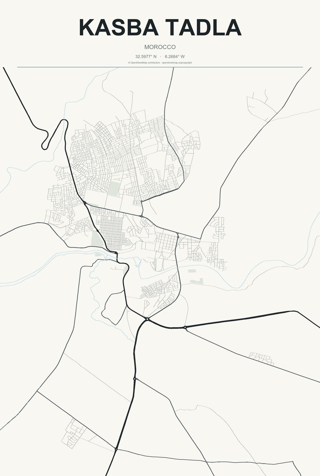 Kasba Tadla, Morocco City Map Aluminum Sign in Headline Atlas style