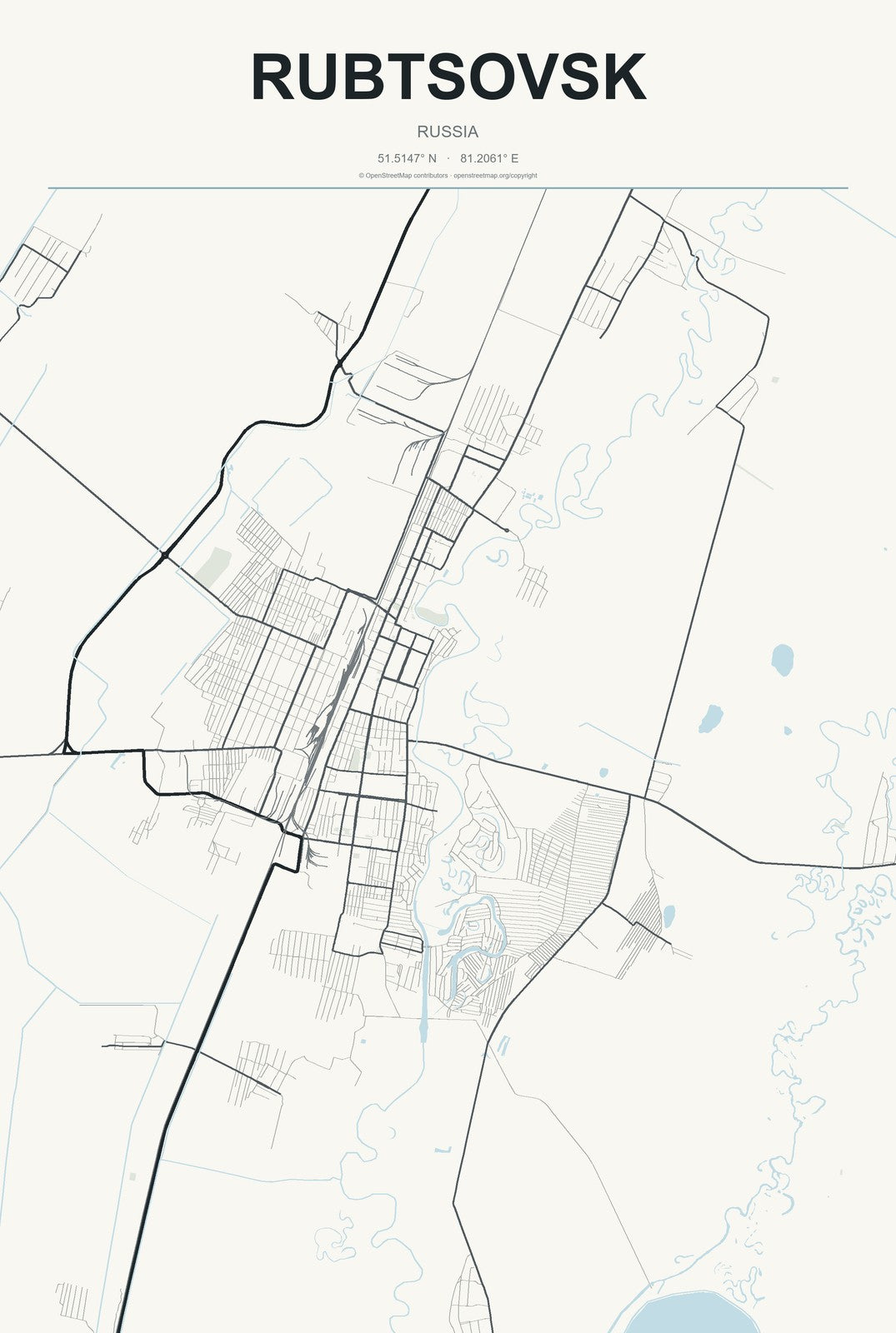 Rubtsovsk, Russia City Map Aluminum Sign in Headline Atlas style