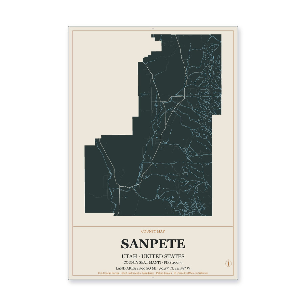 Sanpete County, Utah Map Aluminum Sign in Headline Atlas style
