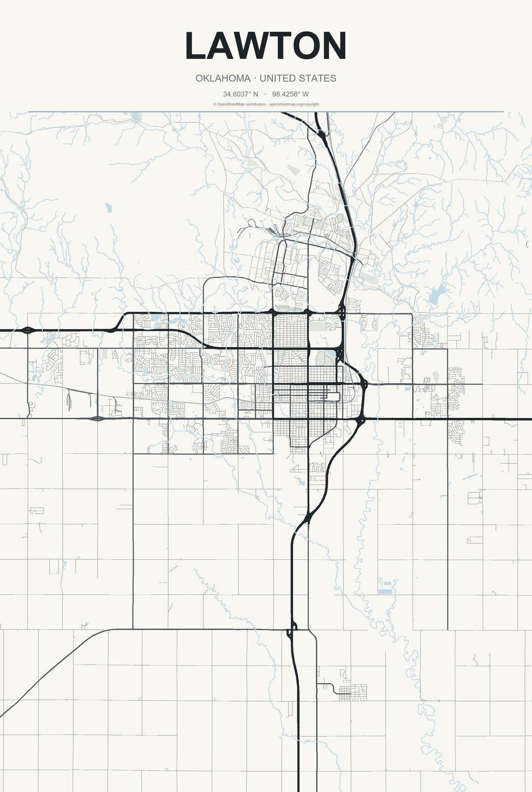 Lawton, Oklahoma City Map Aluminum Sign in Headline Atlas style