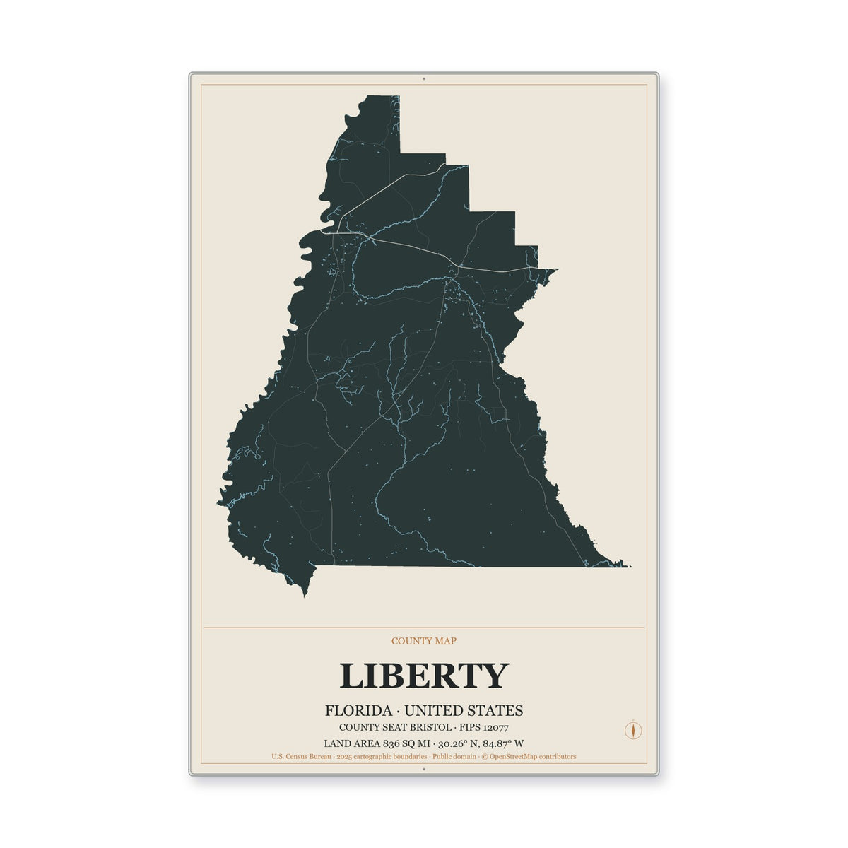 Liberty County, Florida Map Aluminum Sign in Headline Atlas style