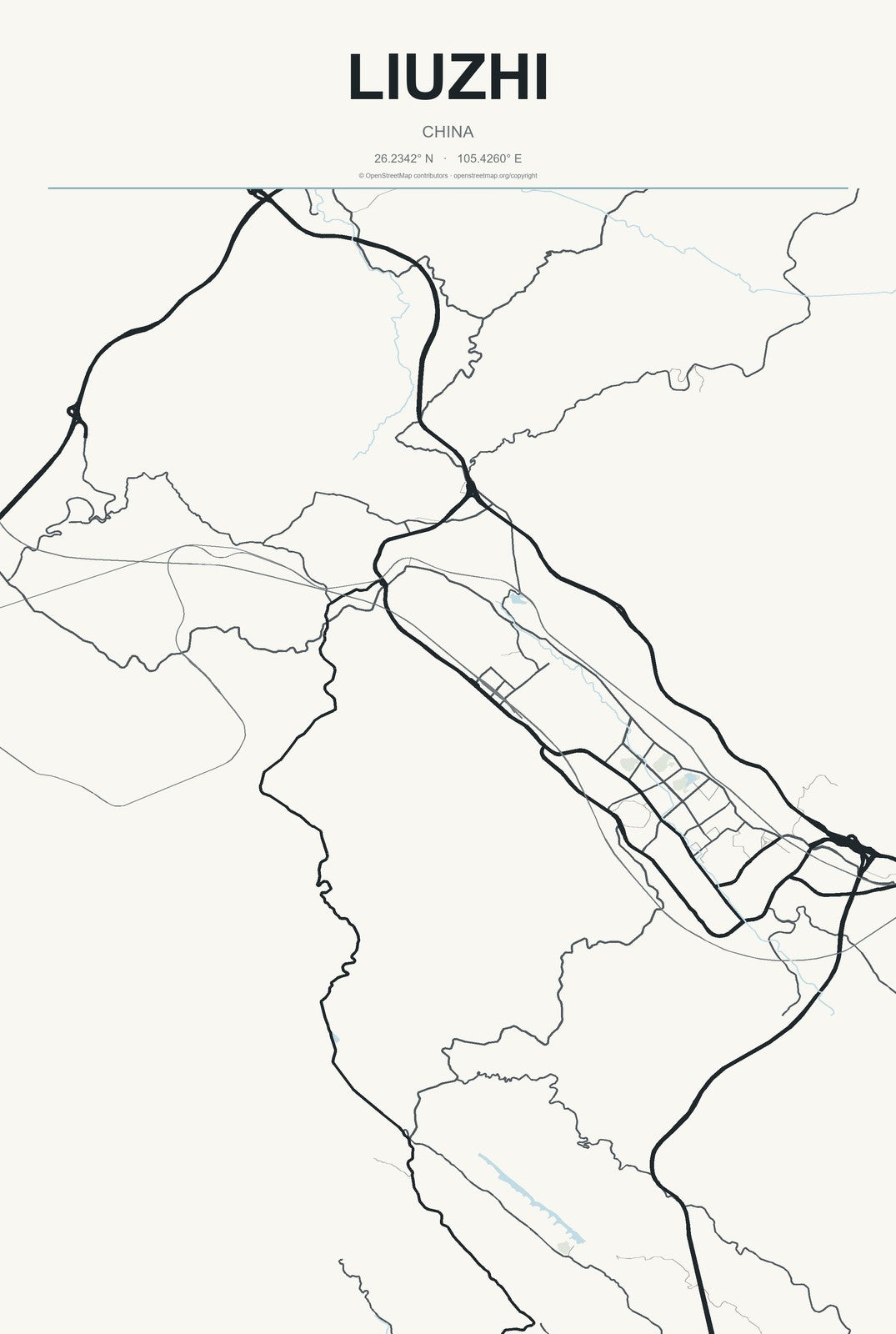 Liuzhi, China City Map Aluminum Sign in Headline Atlas style