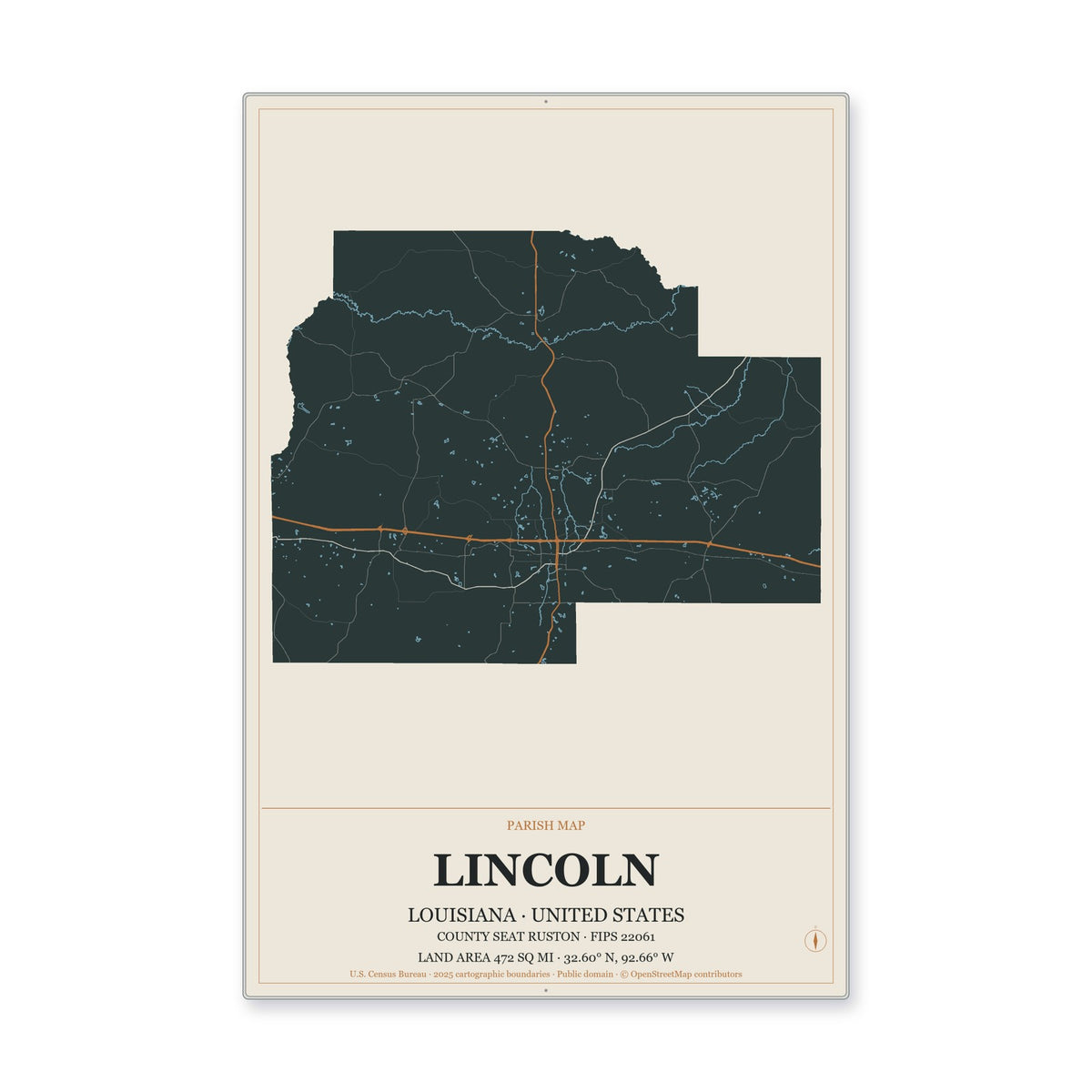 Lincoln Parish, Louisiana Map Aluminum Sign in Headline Atlas style