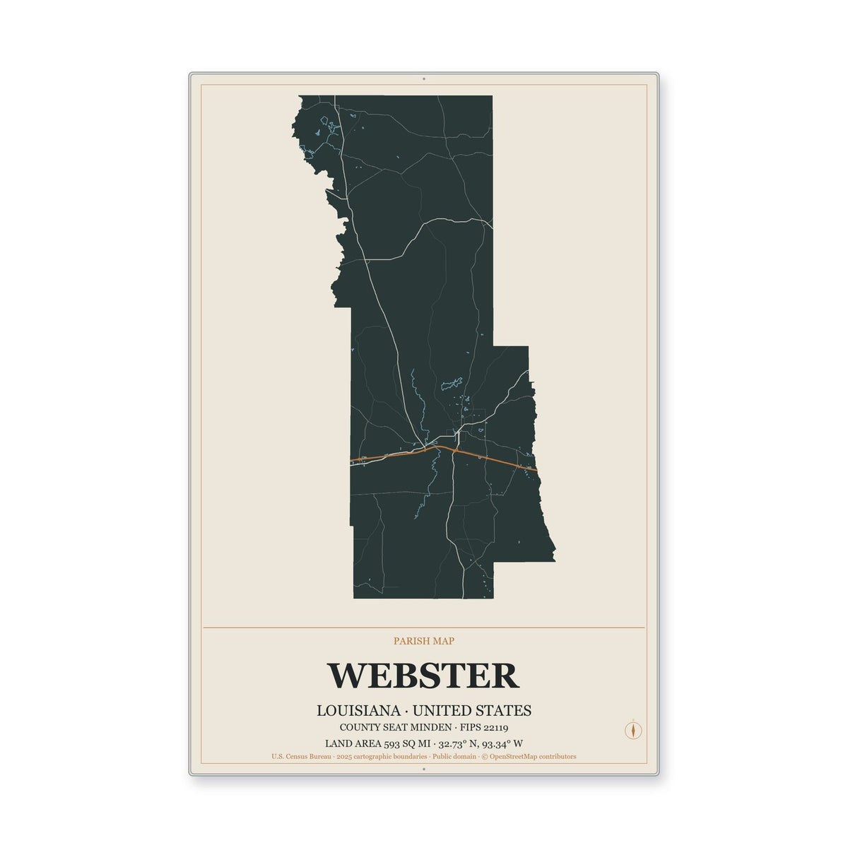 Webster Parish, Louisiana Map Aluminum Sign in Headline Atlas style