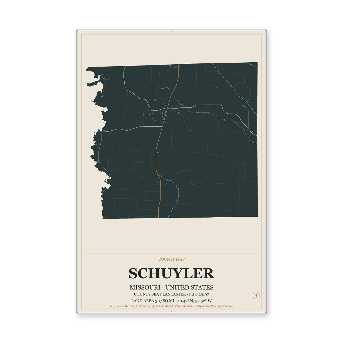 Schuyler County, Missouri Map Aluminum Sign in Headline Atlas style