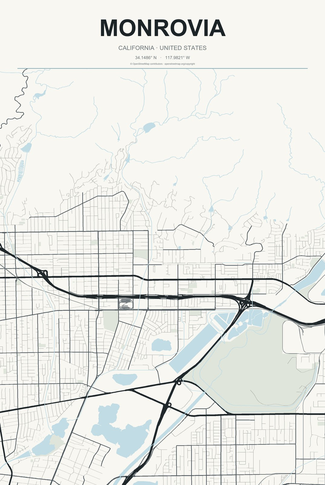 Monrovia, California City Map Aluminum Sign in Headline Atlas style