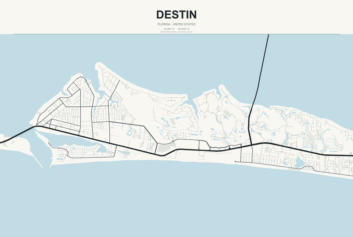 Destin, Florida City Map Aluminum Sign in Headline Atlas style