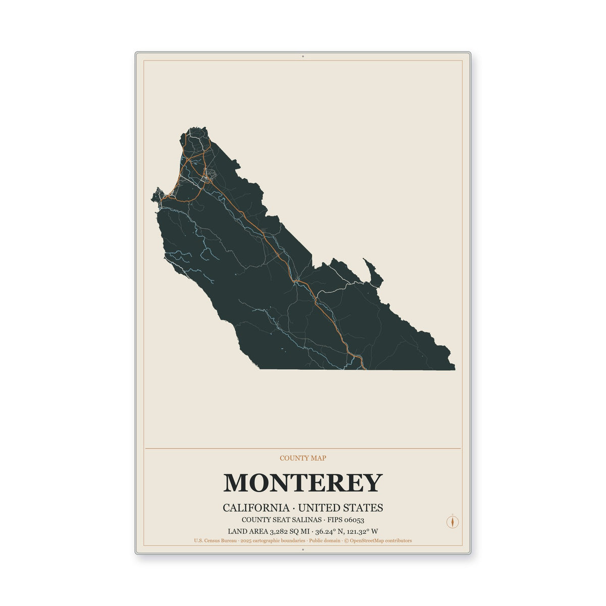 Monterey County, California Map Aluminum Sign in Headline Atlas style