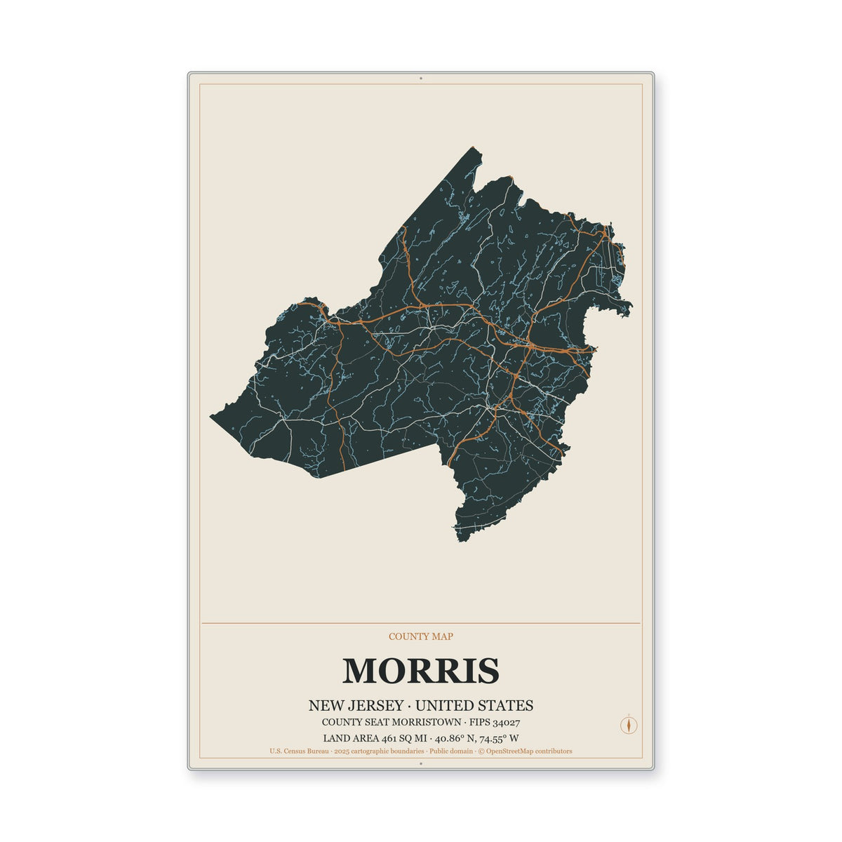 Morris County, New Jersey Map Aluminum Sign in Headline Atlas style
