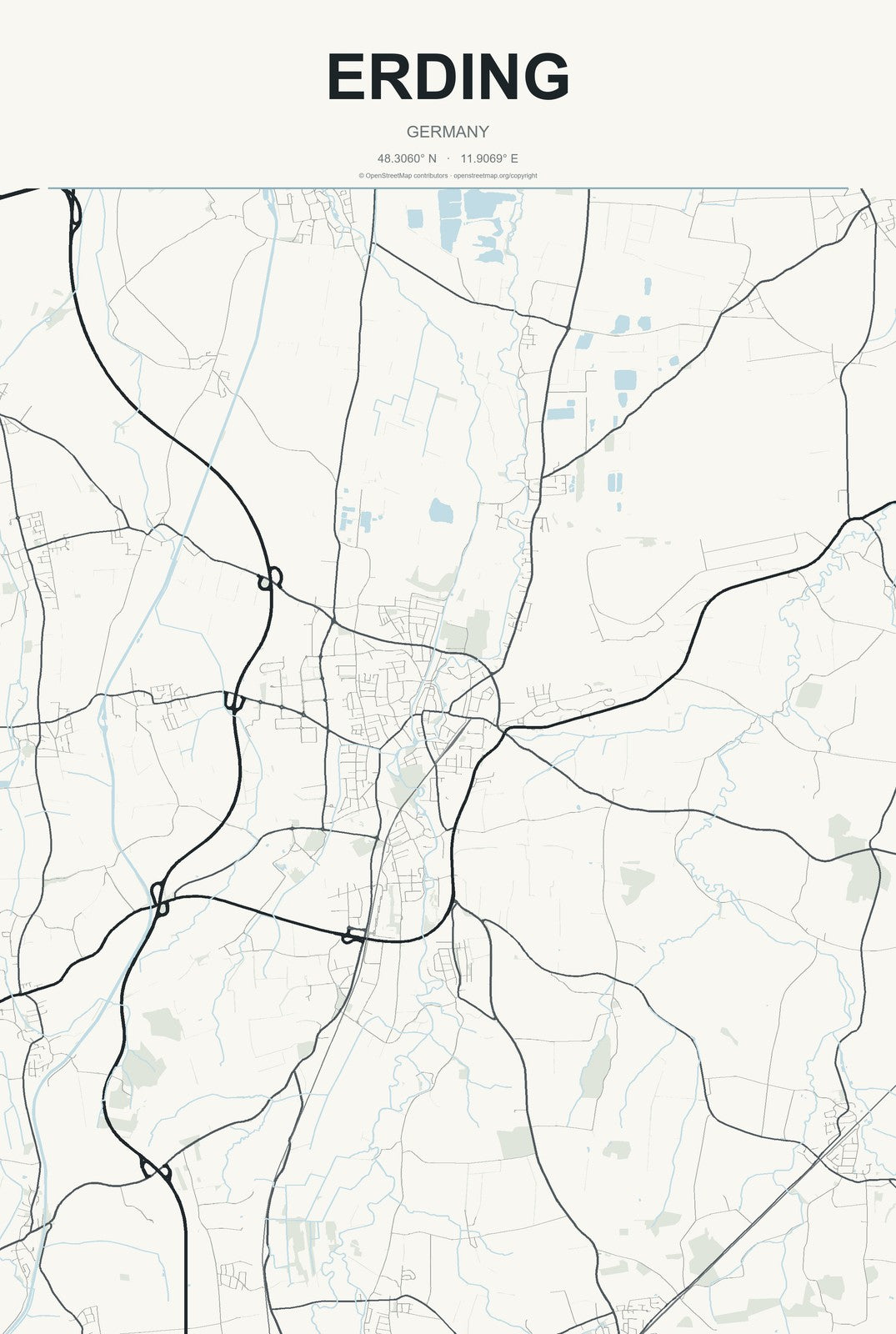 Erding, Germany City Map Aluminum Sign in Headline Atlas style