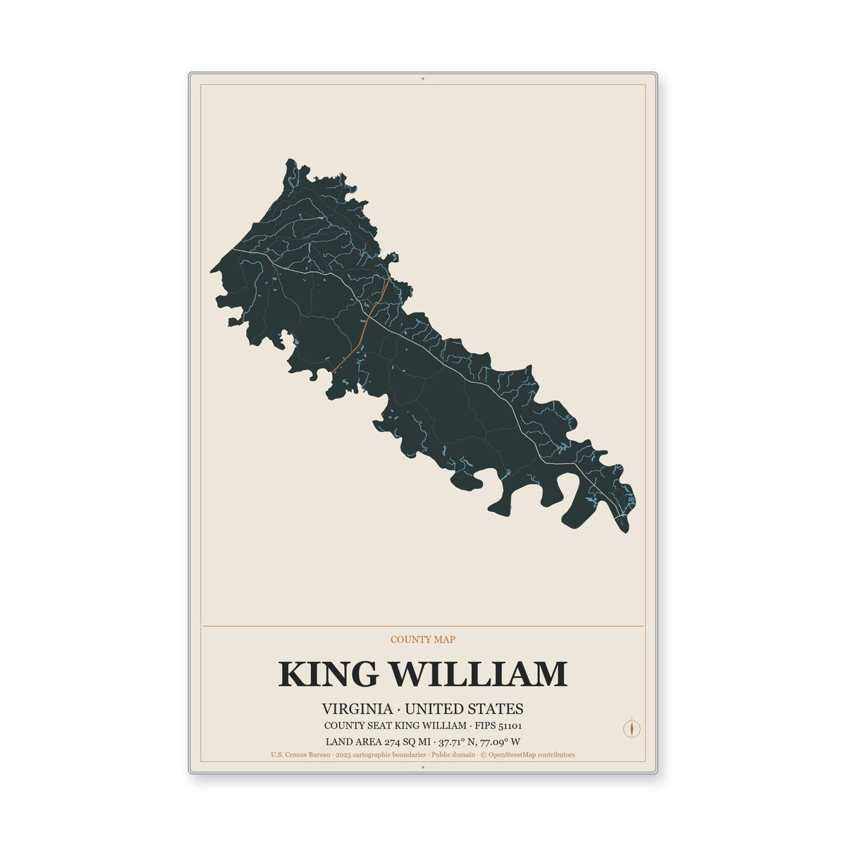 King William County, Virginia Map Aluminum Sign in Headline Atlas style