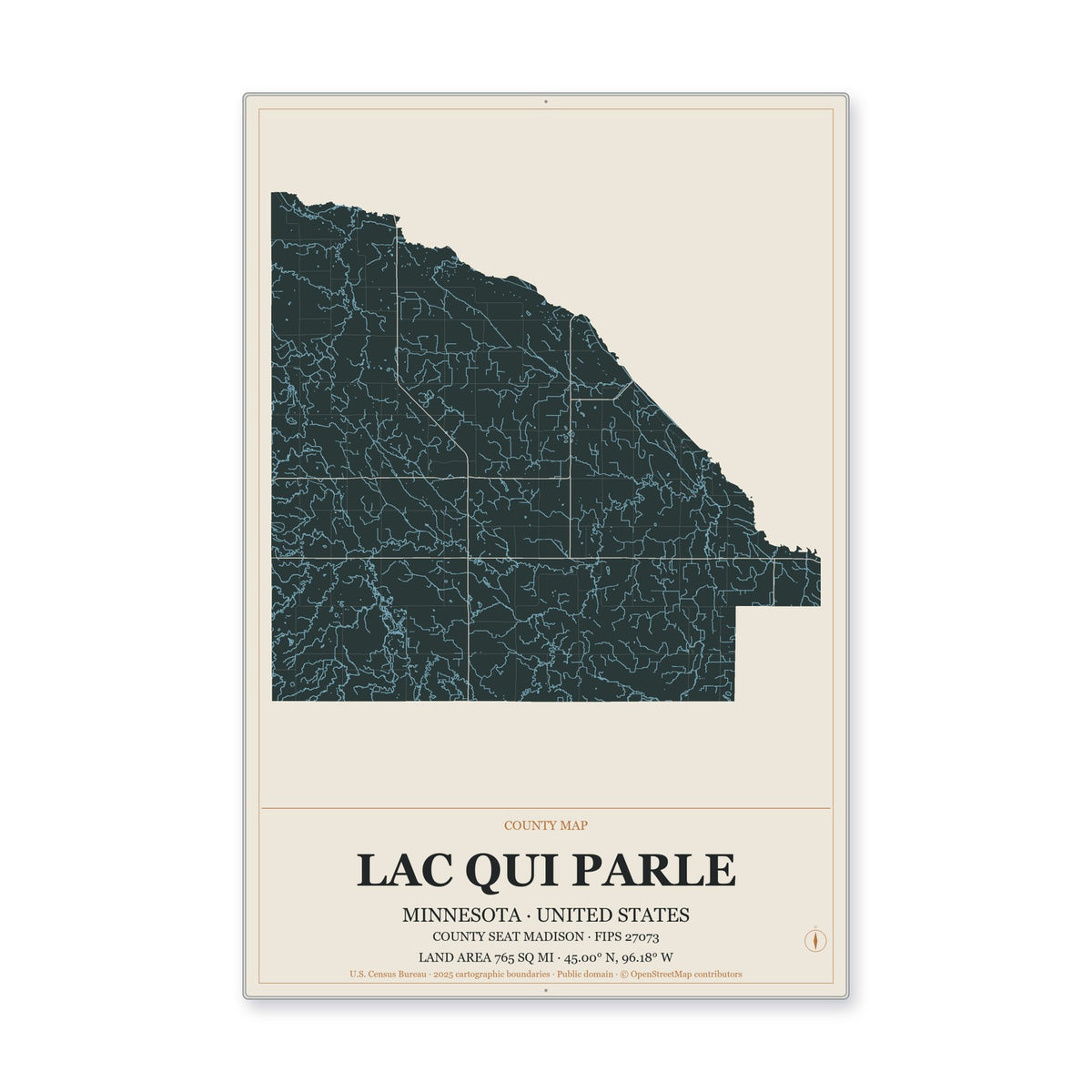 Lac qui Parle County, Minnesota Map Aluminum Sign in Headline Atlas style