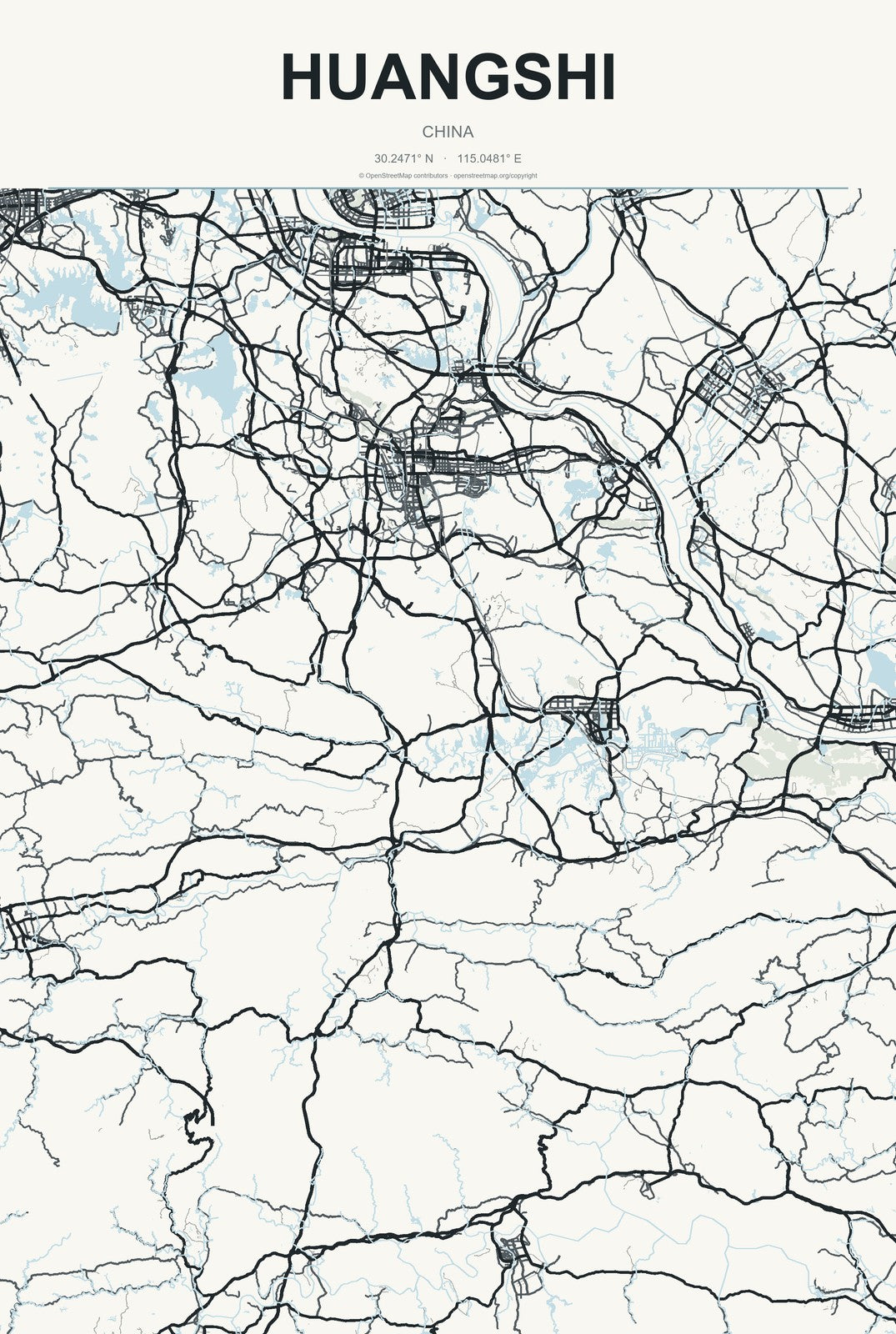 Huangshi, China City Map Aluminum Sign in Headline Atlas style