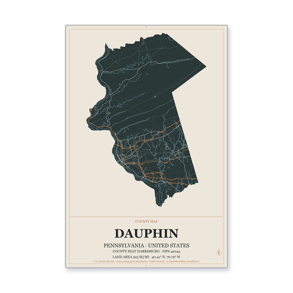 Dauphin County, Pennsylvania Map Aluminum Sign in Headline Atlas style