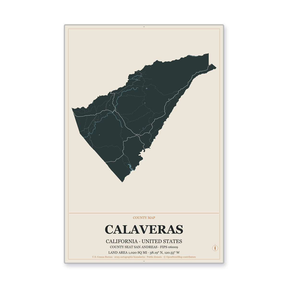 Calaveras County, California Map Aluminum Sign in Headline Atlas style
