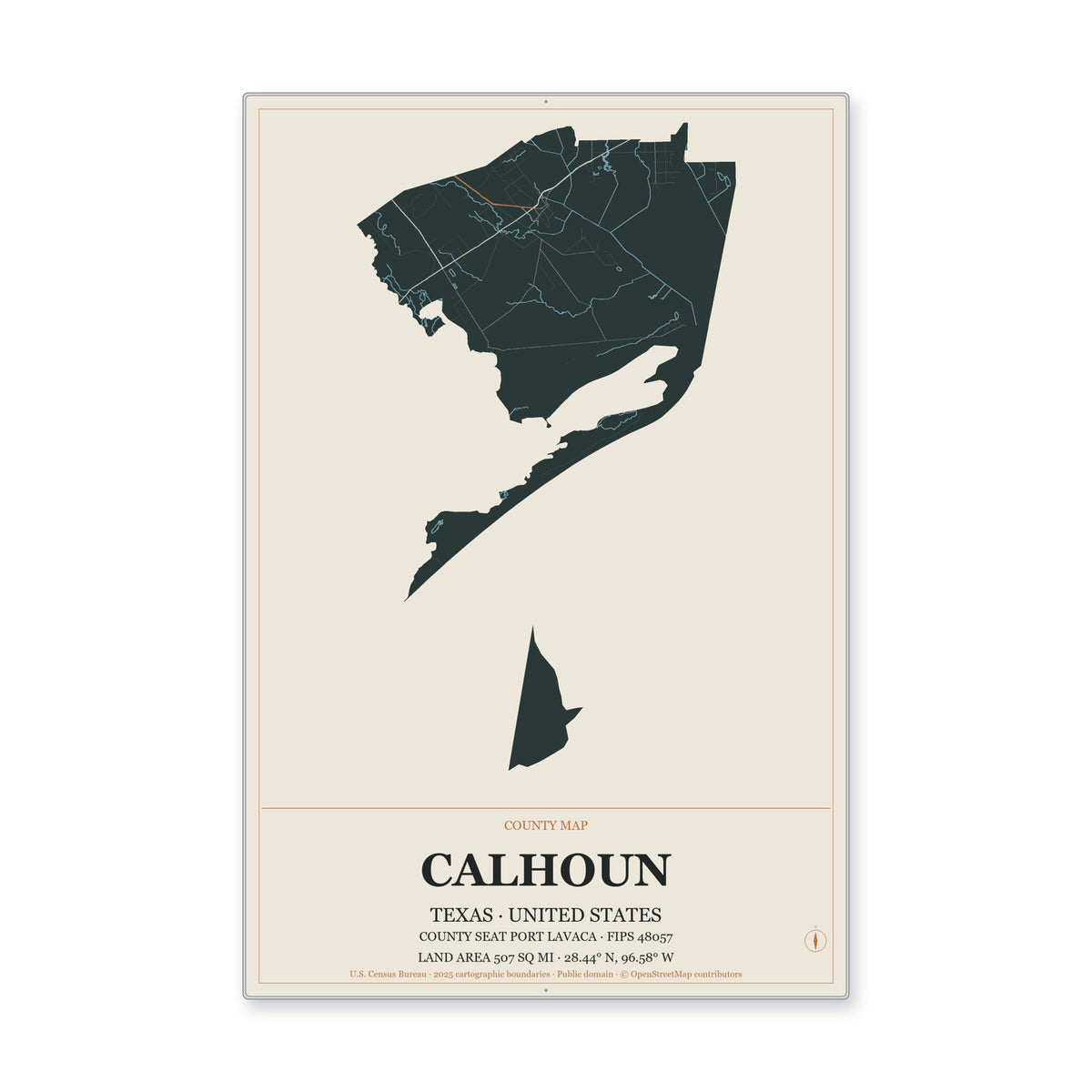 Calhoun County, Texas Map Aluminum Sign in Headline Atlas style