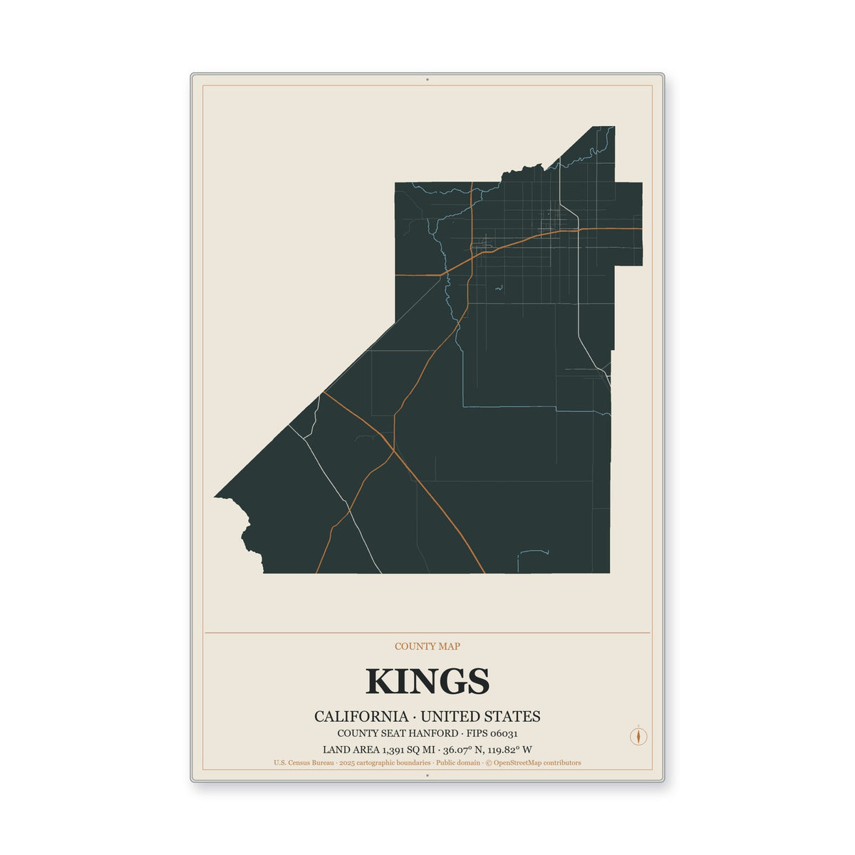 Kings County, California Map Aluminum Sign in Headline Atlas style