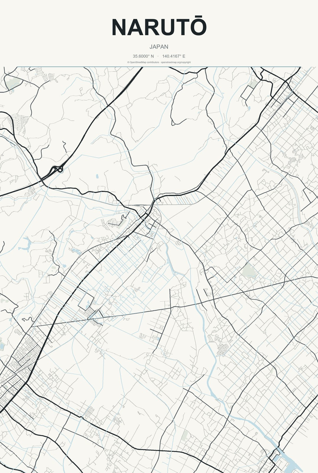 Narutō, Japan City Map Aluminum Sign in Headline Atlas style