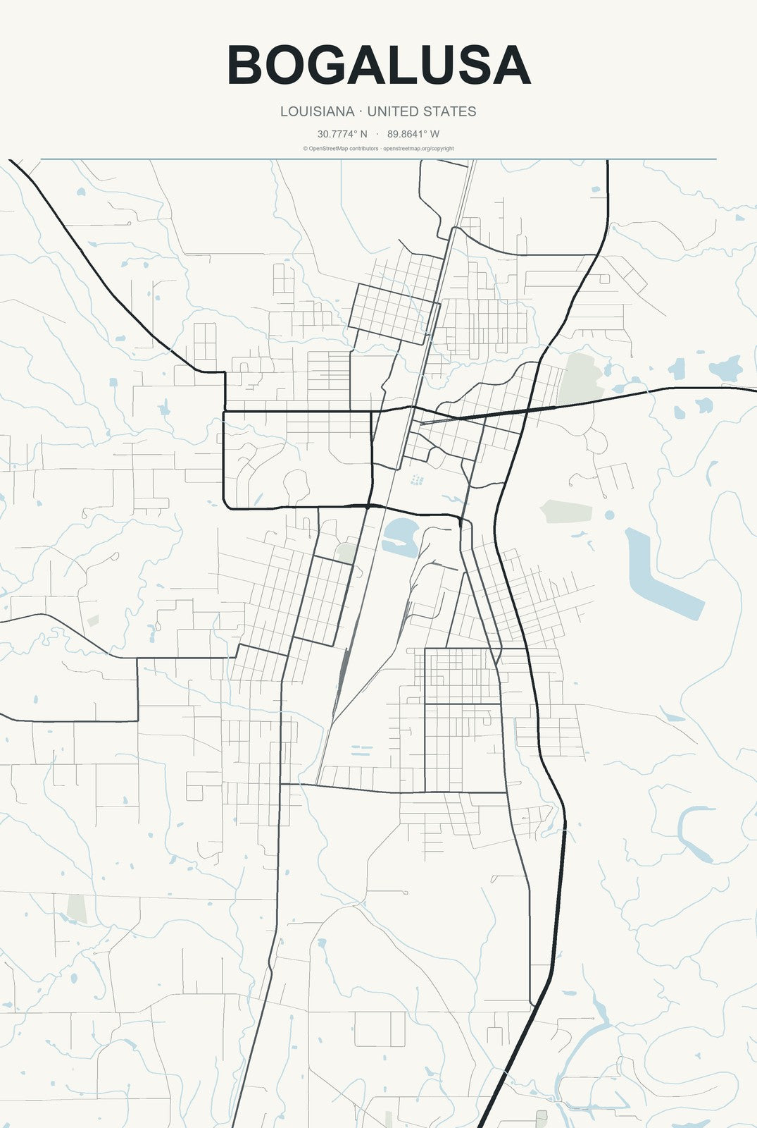 Bogalusa, Louisiana City Map Aluminum Sign in Headline Atlas style