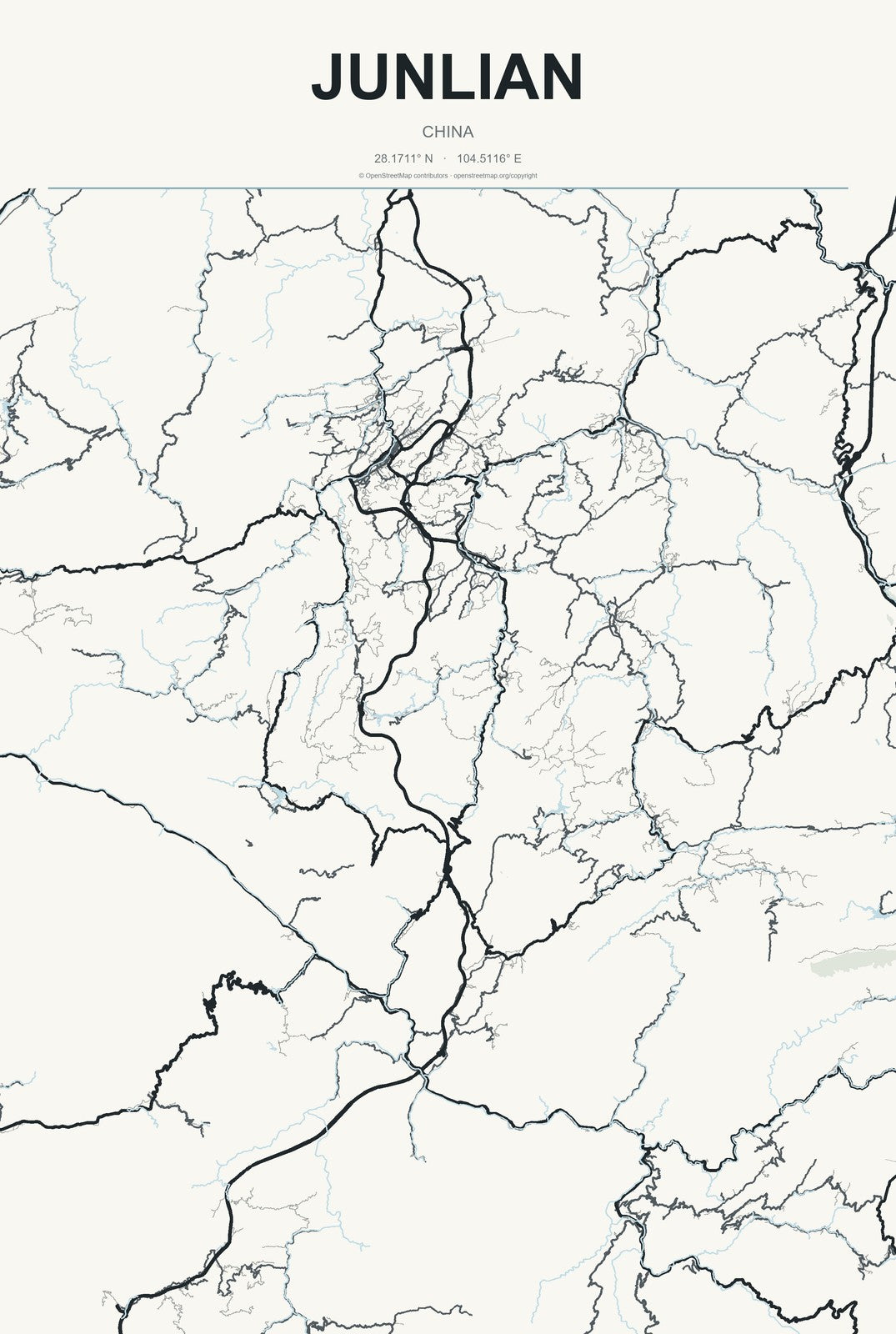 Junlian, China City Map Aluminum Sign in Headline Atlas style