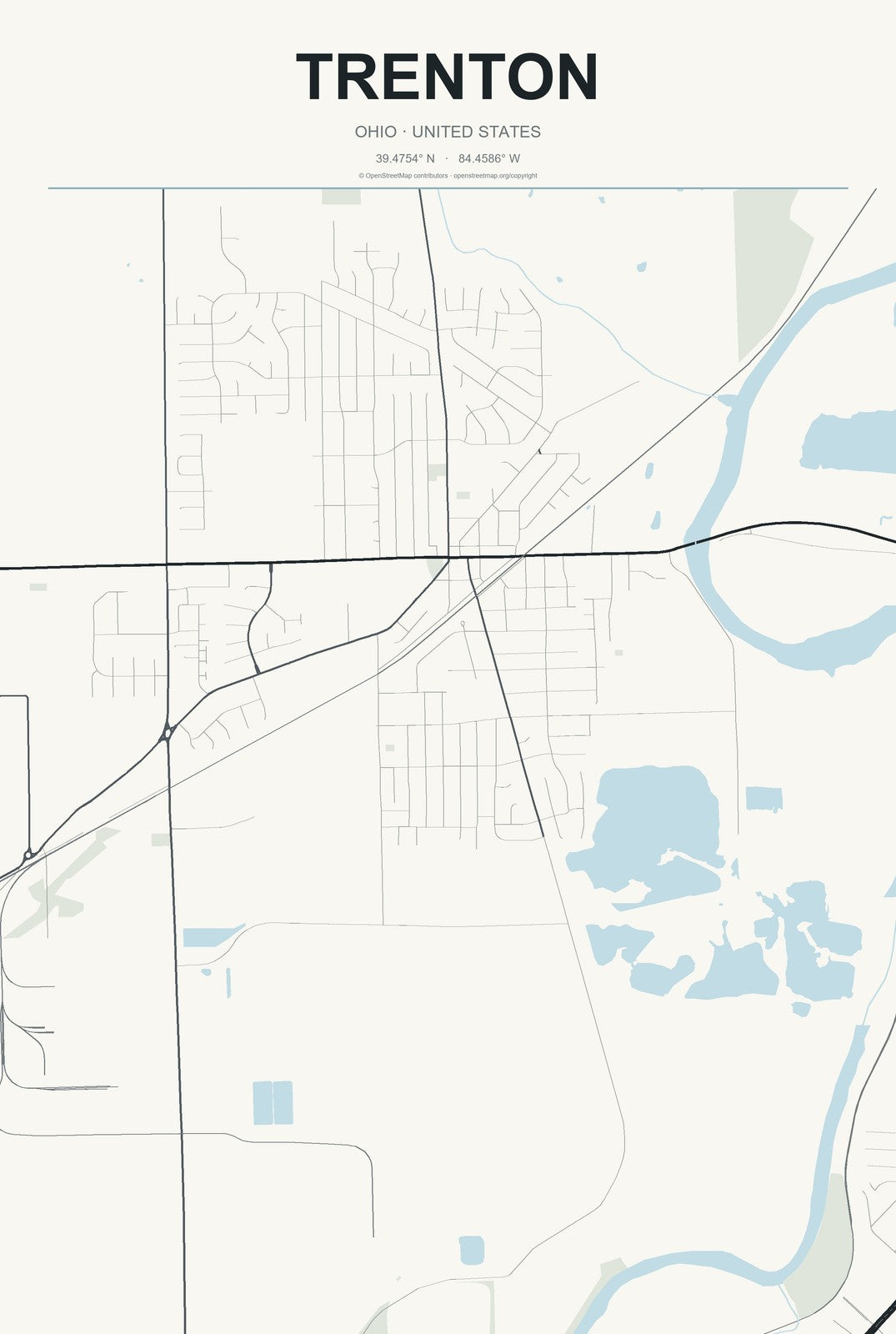 Trenton, Ohio City Map Aluminum Sign in Headline Atlas style