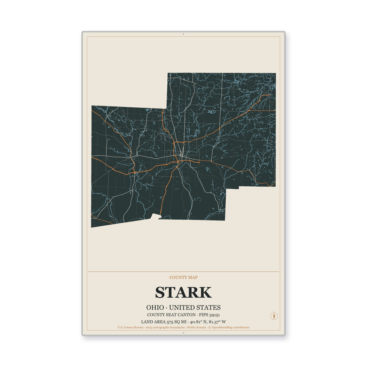Stark County, Ohio Map Aluminum Sign in Headline Atlas style