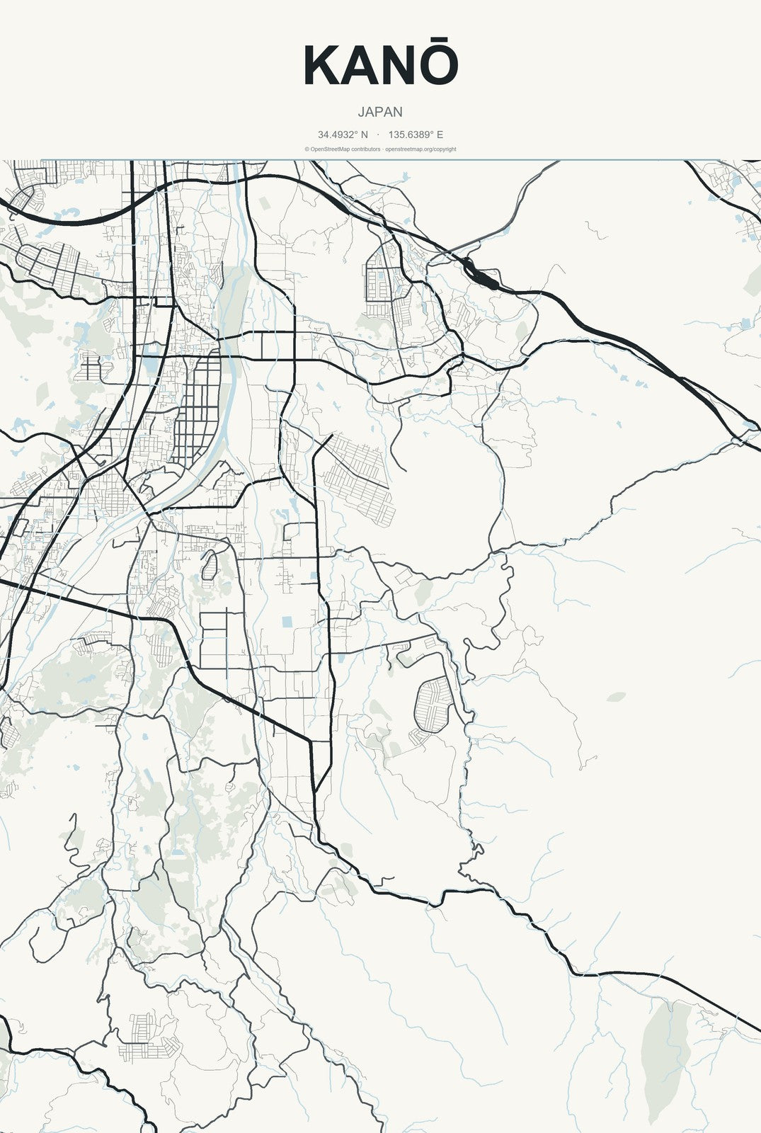 Kanō, Japan City Map Aluminum Sign in Headline Atlas style