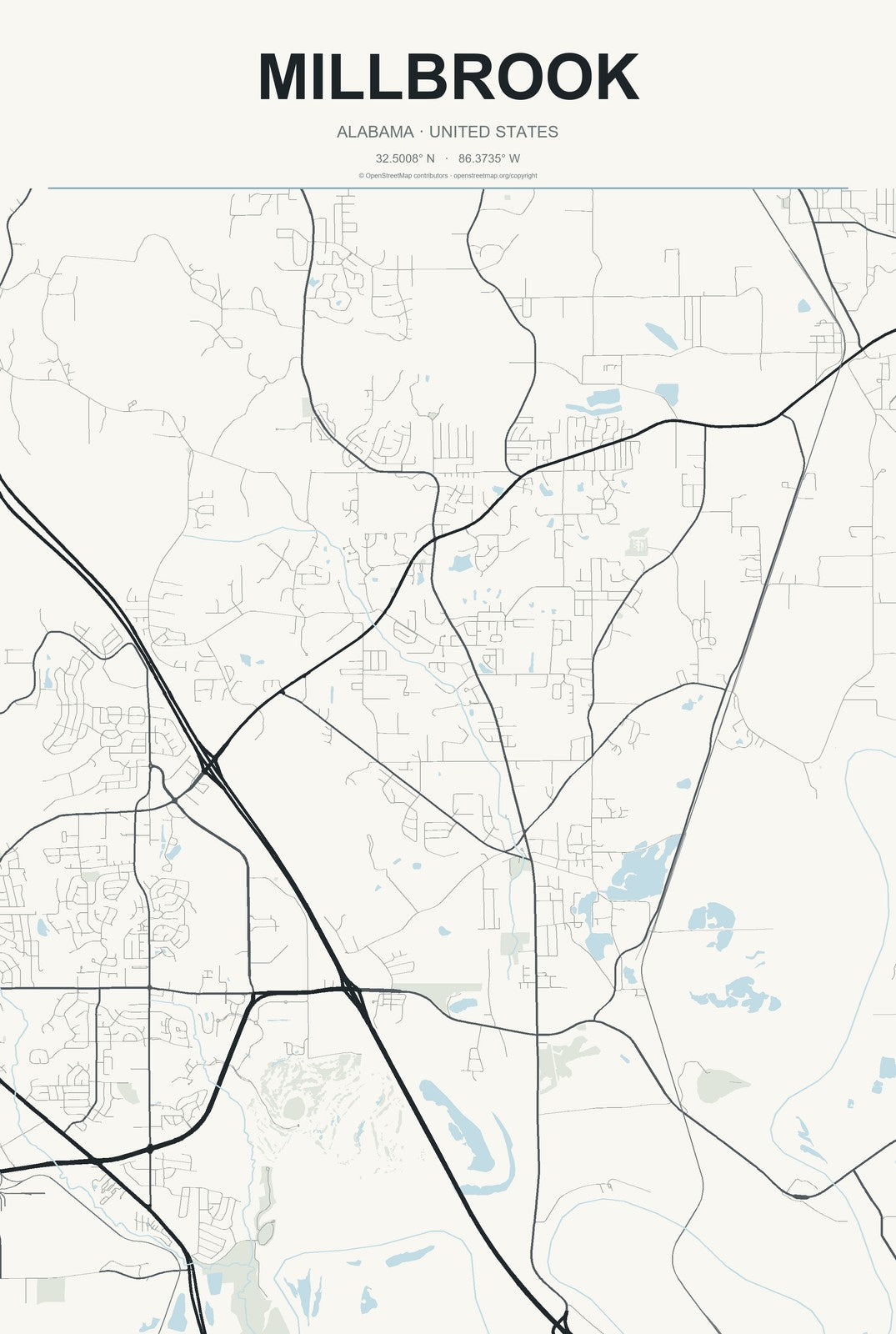 Millbrook, Alabama City Map Aluminum Sign in Headline Atlas style