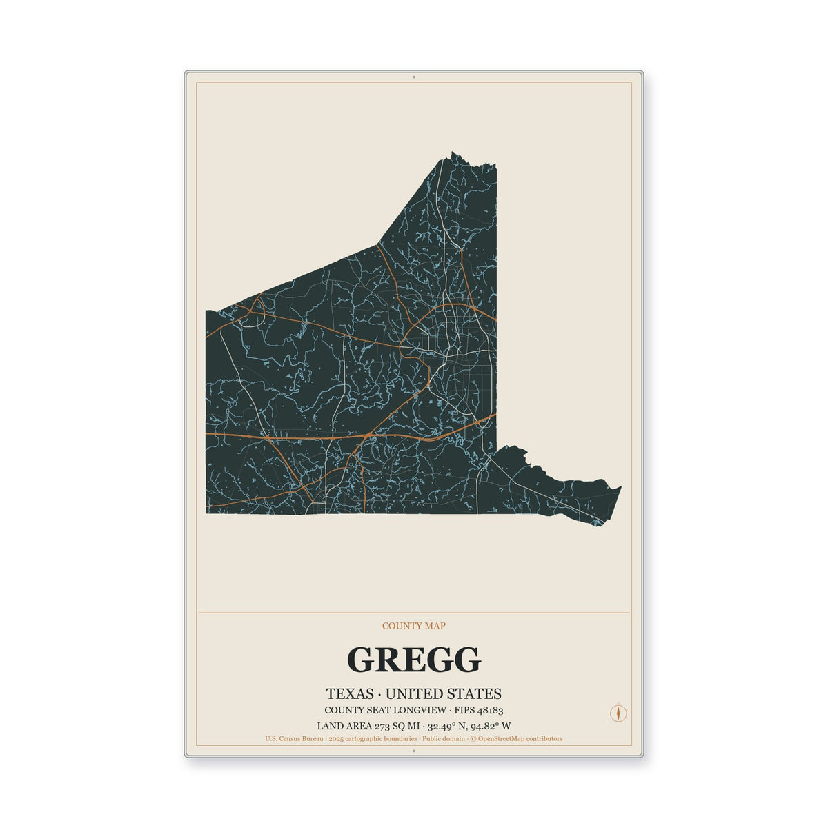 Gregg County, Texas Map Aluminum Sign in Headline Atlas style